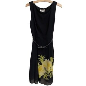 Studio I Womens Black Yellow Floral Chiffon Belted Sleeveless Dress Size 8